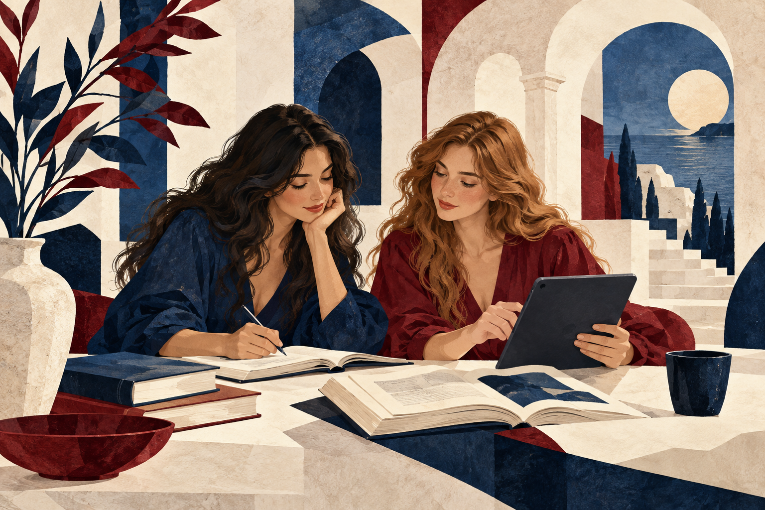 Zwei Frauen lernen gemeinsam mit Büchern und Tablet.