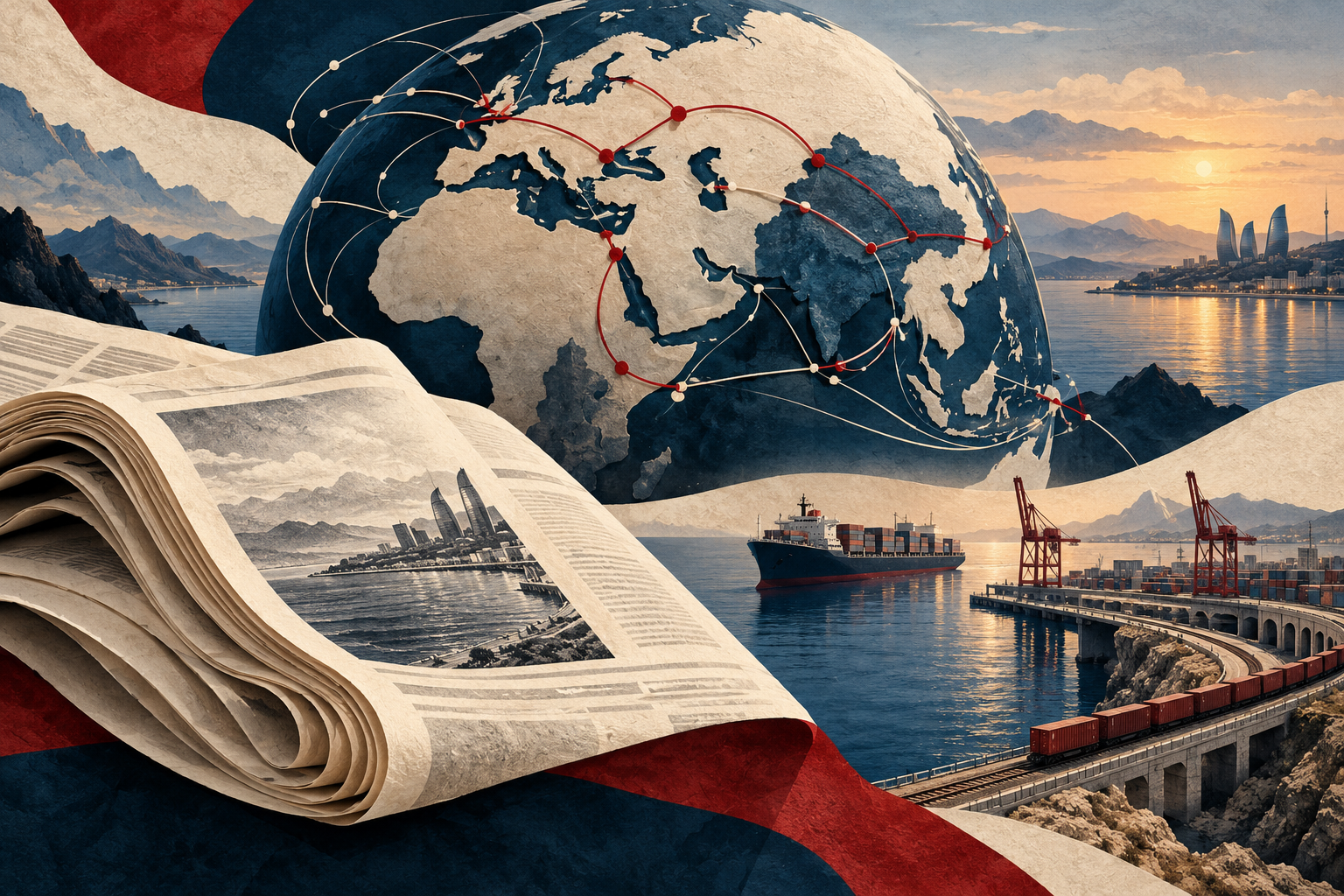 Symbolische Zeitung, Globus und Schifffahrtswege vor einer Küstenlandschaft.